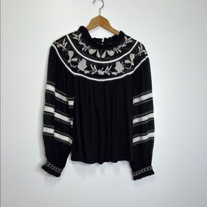 Anthropologie Maeve Winona Black Blouse with White Embroidery